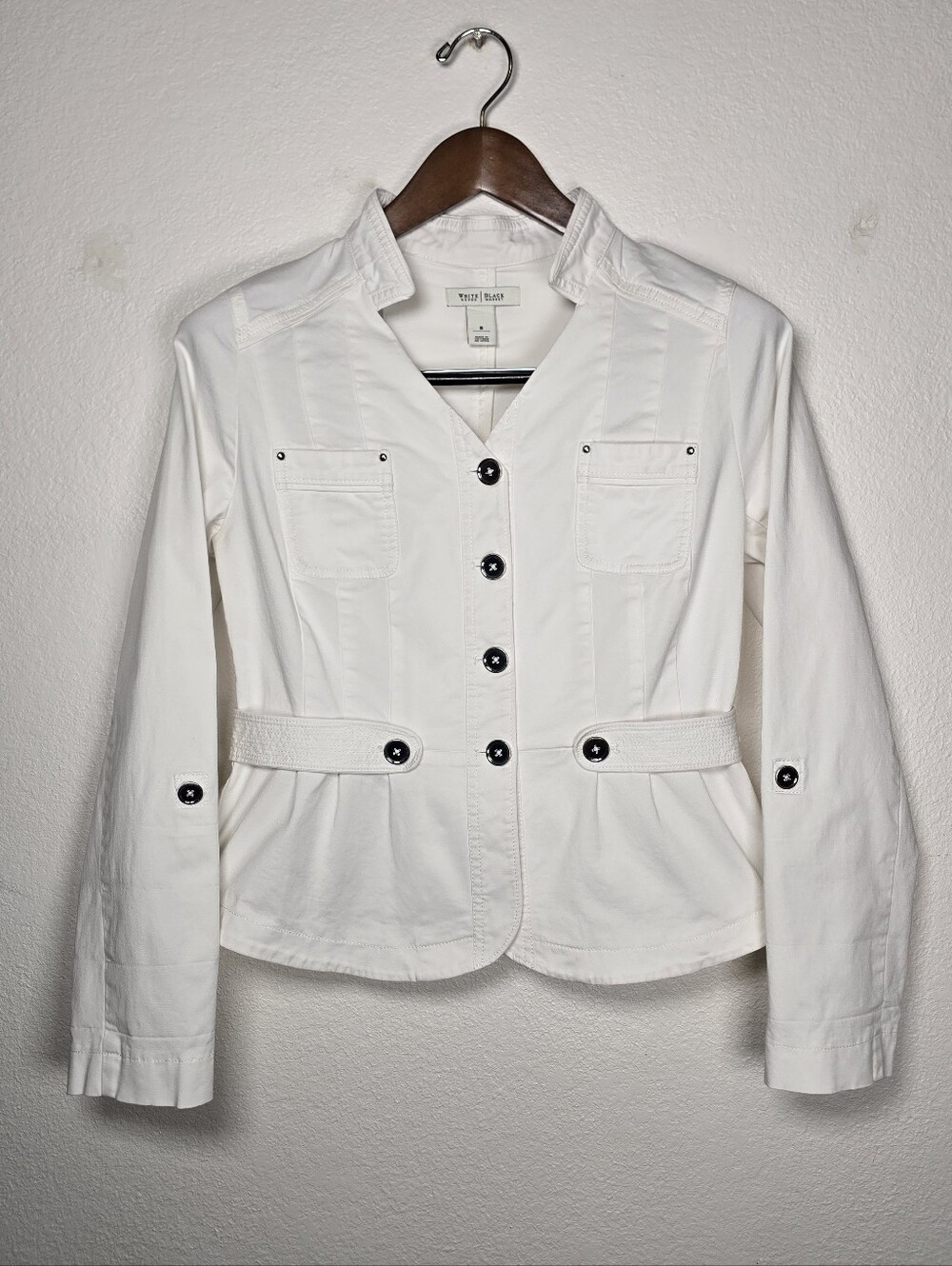 White House Black Market White Peplum Military Jacket Roll Tab - Size 8